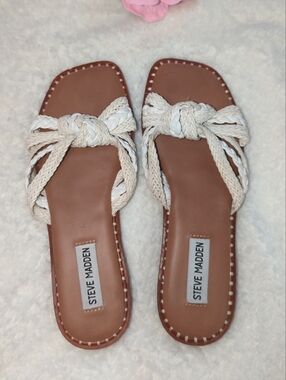 Steve Madden Braided Boho White Chream Slide Sandals with Tan Footbed Festival